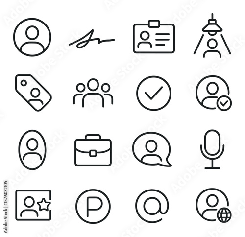 Personal Branding line art icons. profile icon, signature, identity card, spotlight, branding tag, audience icon, verified symbol, user badge, mirror icon, portfolio, tagline
