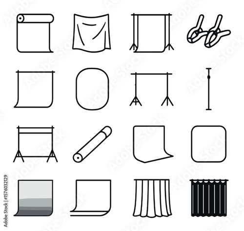 Studio Background Setup line art icons. paper roll, muslin cloth, backdrop stand, backdrop clips, seamless fabric, collapsible background, hanging rod, tension pole, background