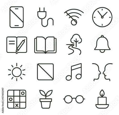 Digital Detox Tools line art icons. phone off icon, unplug cable, no Wi-Fi symbol, analog clock, journal pen, reading book, nature trail, silence bell, sun icon, no screen symbol,