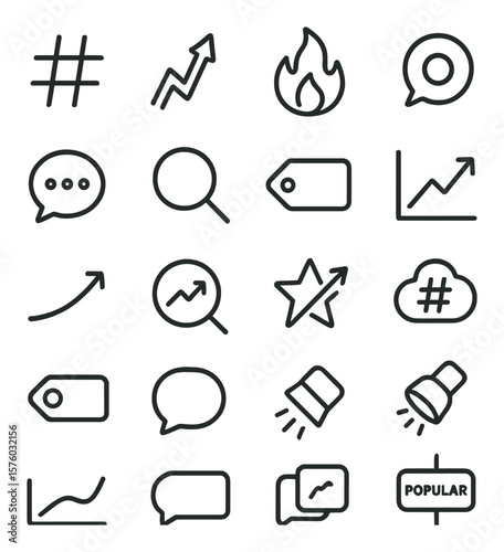 Hashtags & Trends line art icons. hashtag symbol, trending arrow, fire emoji, viral icon, topic bubble, search icon, label tag, trend graph, rising curve, explore magnifier,