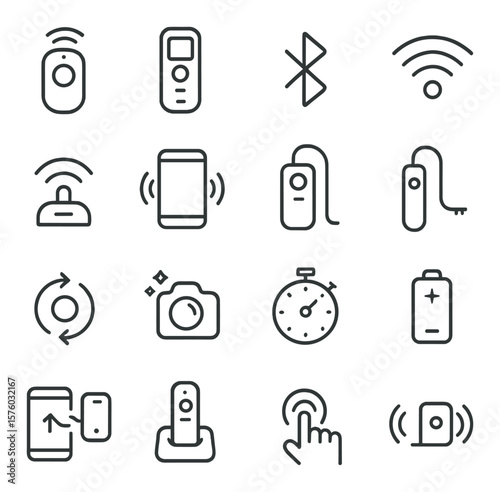 Remote and Wireless Control line art icons. remote shutter, intervalometer, Bluetooth icon, Wi-Fi signal, wireless receiver, app control icon, infrared remote, remote switch,