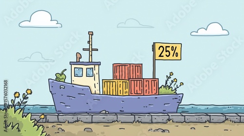 Cartoon Cargo Ship with 25% Tariff Symbol – US Trade Tax and Import Duty Concept
