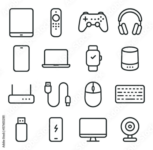 Lazy Tech Time line art icons. tablet, remote control, gaming controller, headphones, smartphone, laptop, smartwatch, smart speaker, router, charging cable, mouse, keyboard, USB