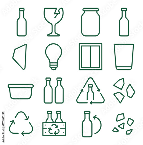 Glass recycling line art icons. green bottle, broken glass, glass jar, wine bottle, mirror piece, lightbulb, window pane, glass cup, clear container, separated glass, glass