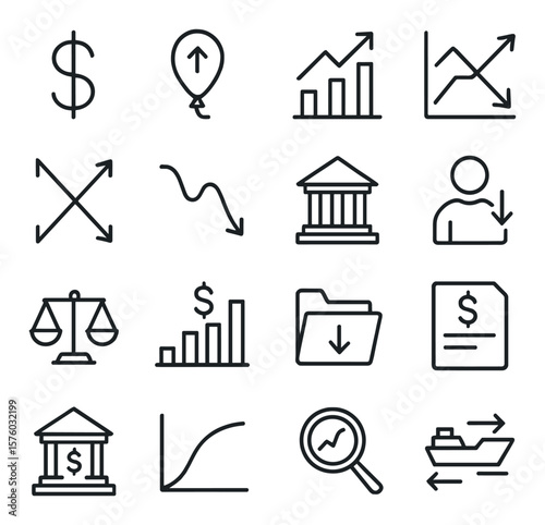Economic Concepts line art icons. dollar sign, inflation icon, GDP chart, market trend, supply and demand, recession wave, fiscal policy, unemployment icon, taxation scale,