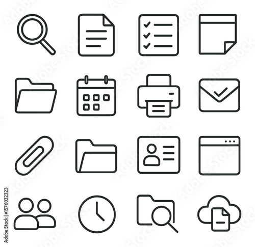 Office tools line art icons. magnifying glass, paper document, task list, sticky note, folder view, calendar entry, print preview, email check, paperclip icon, open file, contact
