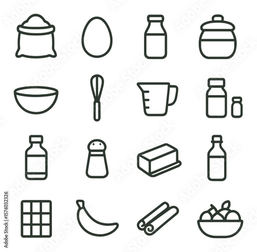 Waffle Ingredients line art icons. flour sack, egg, milk bottle, sugar jar, mixing bowl, whisk, measuring cup, baking powder, vanilla extract, salt shaker, butter stick, oil bottle