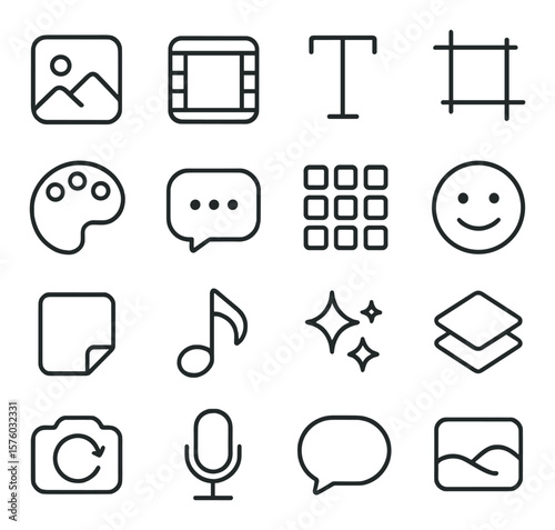 Content Creation Tools line art icons. photo icon, video clip, text block, crop tool, color palette, caption box, alignment grid, emoji icon, sticker frame, music note, filter