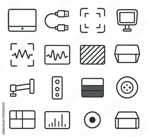 Video Assist Gear line art icons. external monitor, HDMI cable, viewfinder, monitor mount, focus peaking icon, waveform display, zebra pattern, sun hood, monitor arm, monitor