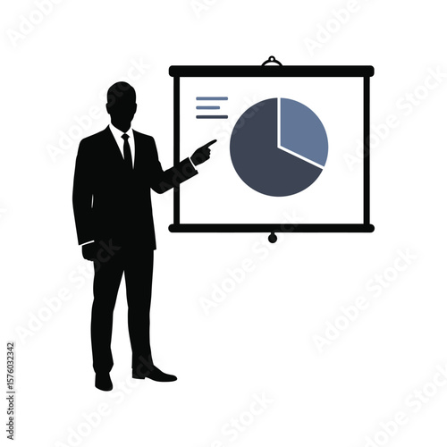 Businessman giving a presentation with pie chart on projector screen