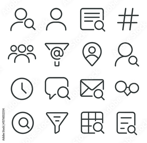 Social Search Tools line art icons. user magnifier, profile lookup, post search, hashtag icon, follower list, mentions filter, community tag, friend search, recent activity icon,