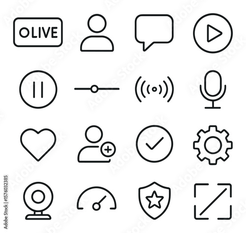 Streaming Interface line art icons. live stream icon, viewer count, chat window, play overlay, pause control, stream bar, broadcast signal, stream mic, viewer heart, subscriber