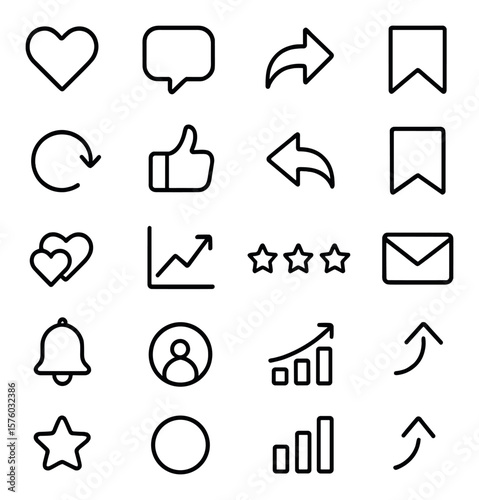 Engagement Metrics line art icons. heart icon, comment bubble, share arrow, save icon, repost icon, like count, reply arrow, bookmark, double tap, engagement chart, star rating,