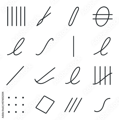 Calligraphy Practice Elements line art icons. basic strokes, upstroke guide, downstroke line, oval shape, entry stroke, exit stroke, ascender line, descender loop, slant line,