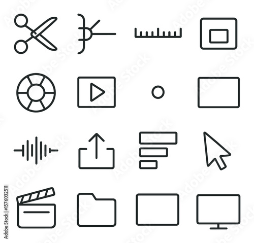 Editing Tools & Icons line art icons. cut tool, trim icon, timeline bar, razor tool, color wheel, transition icon, keyframe dot, video frame, audio wave, export button, track