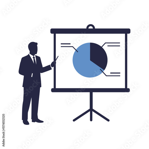 Businessman giving presentation with pie chart on flip chart marketing data strategy analytics