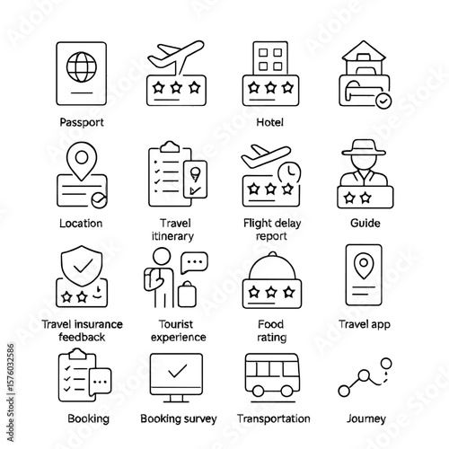 Travel surveys line art icons. passport icon, airplane feedback, hotel satisfaction, room rating, location pin, travel itinerary, flight delay report, guide rating, travel