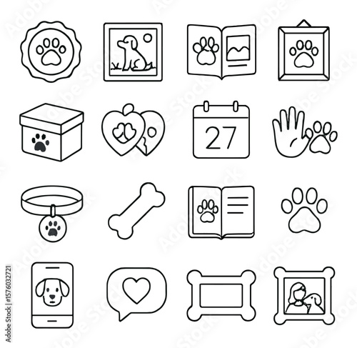 Dog Day Memories line art icons. paw print stamp, photo frame, scrapbook icon, framed paw, memory box, friendship charm, adoption date icon, handprint and pawprint, custom collar