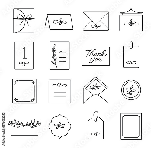 Calligraphy for Events line art icons. wedding invitation, place card, greeting envelope, signage board, table number, event menu, thank you note, name tag, decorative frame, RSVP