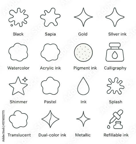 Ink Varieties line art icons. black ink, sepia ink, gold ink, silver ink, watercolor ink, acrylic ink, pigment ink, calligraphy ink bottle, shimmer ink, pastel ink, ink drop, ink