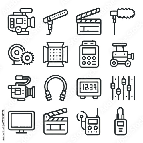 Video Production Gear line art icons. cinema camera, shotgun mic, clapperboard, boom mic, follow focus, light grid, field monitor, audio recorder, camera dolly, camera rig, SDI