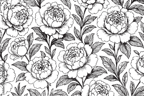 Elegant black and white line art floral pattern featuring detailed peonies and leaves creating a classic botanical illustration design