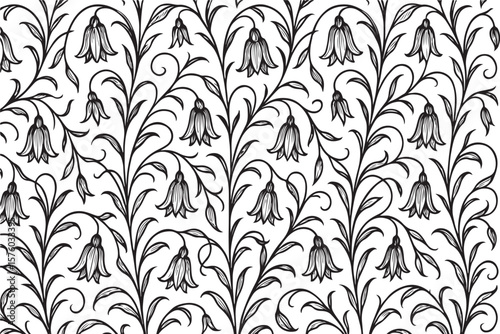Elegant black and white floral pattern featuring stylized bell shaped flowers and swirling vines with delicate leaves creating a classic decorative design