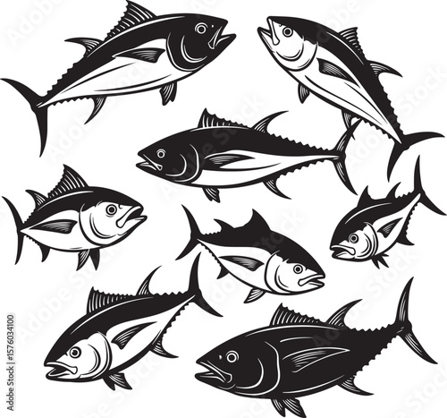 Tuna Fish Set Ocean Seafood Vector Illustration Black White