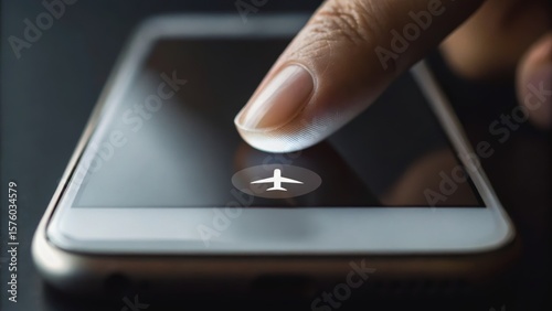 A finger tapping the airplane mode icon on a smartphone screen, symbolizing travel and connectivity.