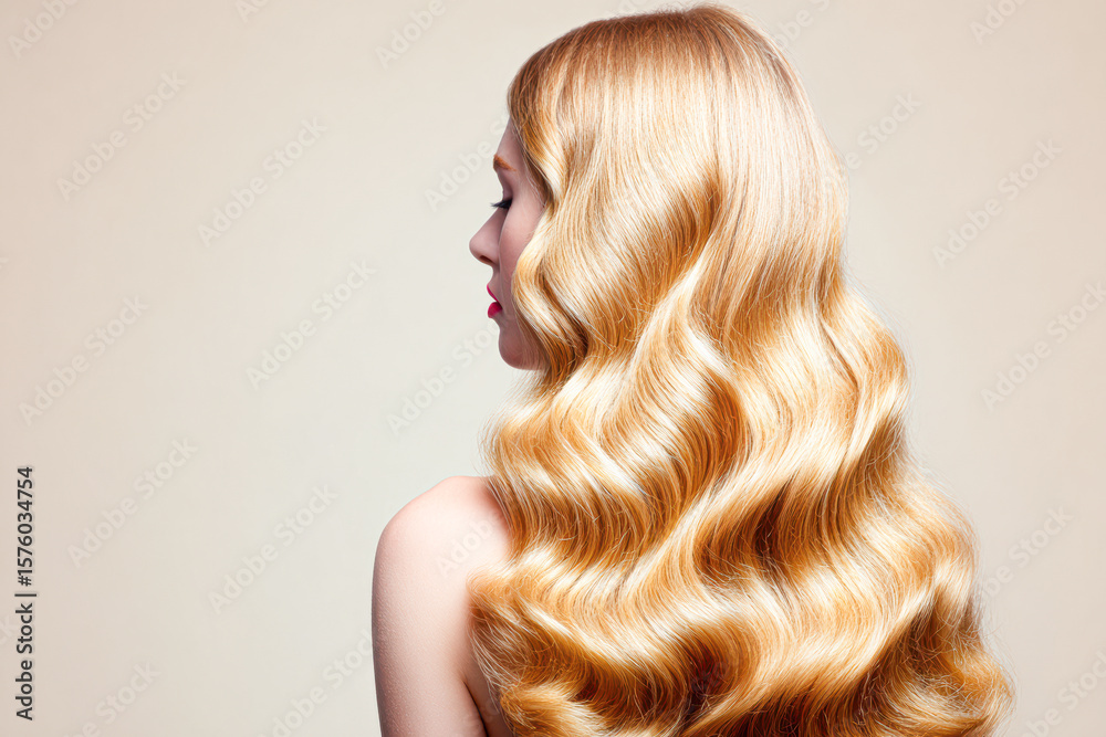 Fototapeta premium Blonde woman with long, wavy hair poses sideways against a beige background, showcasing silky, voluminous locks.