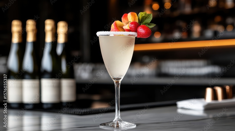 custom made wallpaper toronto digitalRefreshing Cocktail Garnished with Juicy Strawberry on a Bright Bar