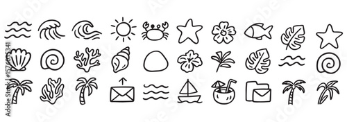 Hand drawn summer vintage icon set. Palm tree, sun and sea, seashells, coral, in doodle sketch style. Drawing ink. Italian concept, ocean, vacation and travel. Vector whimsical elements for print