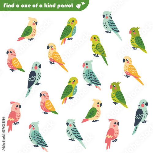 Education puzzle game for children, find a one of a kind, with budgies parrots of green, pink, blue and yellow colors