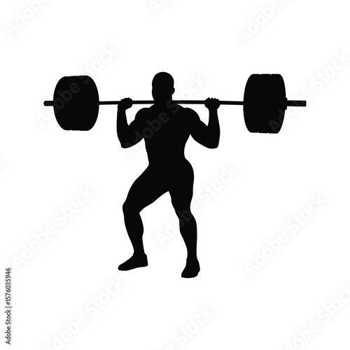 Silhouette of a muscular man performing a barbell back squat weightlifting fitness bodybuilding strength training gym workout