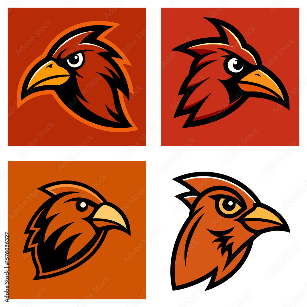 Obraz premium Four cartoonish cardinal heads in different shades of orange and red on square backgrounds are shown