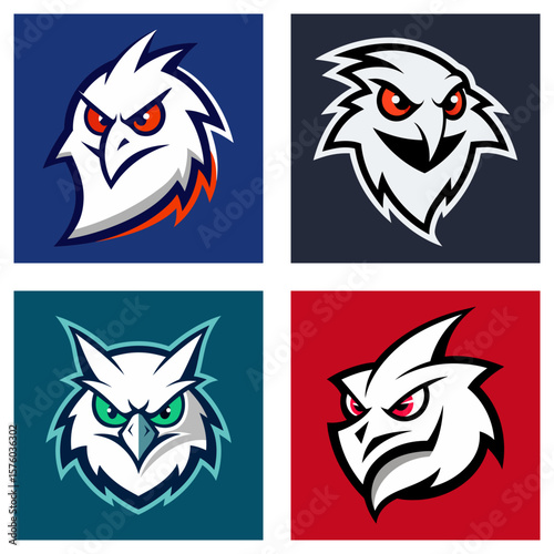 Wallpaper Mural Four square panels displaying stylized white owl head logos with different colors and backgrounds variations Torontodigital.ca