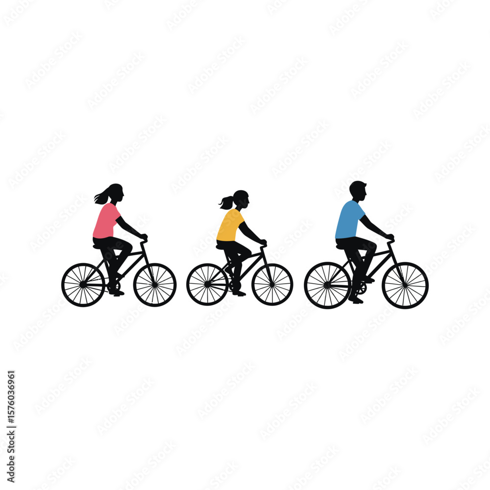 Silhouette of three people riding bicycles cycling bike riders active lifestyle vector illustration Silhouette of three people riding bicycles cycling bike riders active lifestyle vector illustration