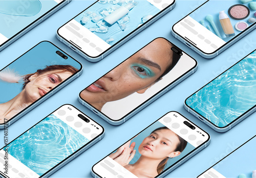 Multi Screen Phone Web Ui Ux App Social Media Post and Stories Feed Mockup