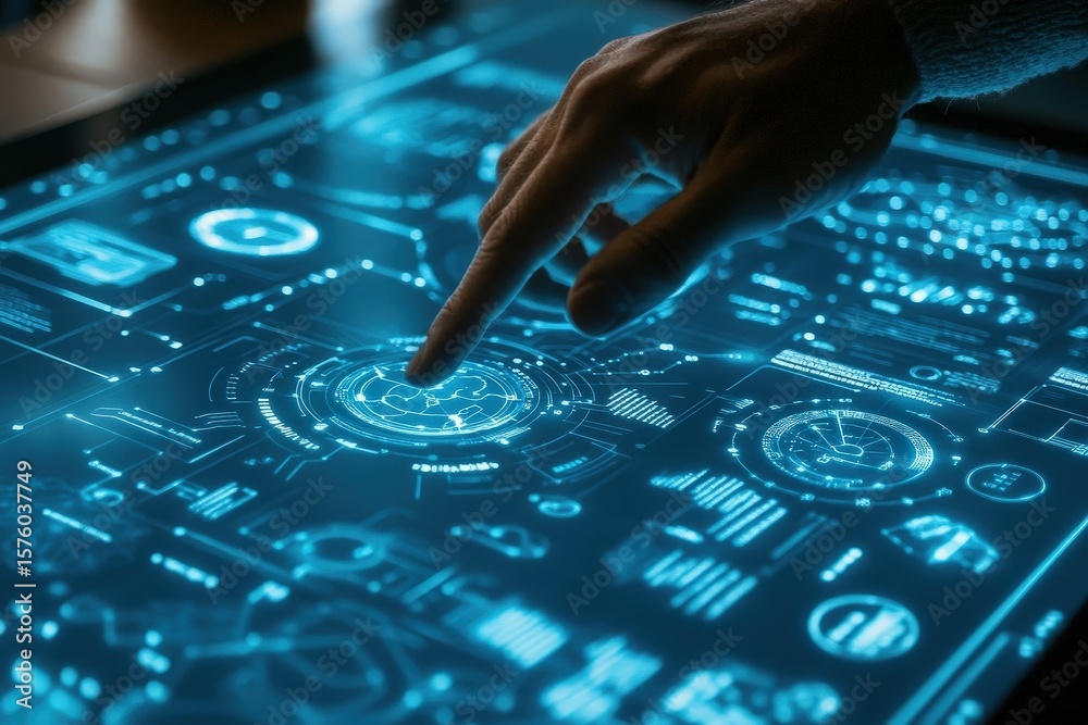 Fototapeta premium Adult Hand Interacting with Futuristic Glowing Digital Interface