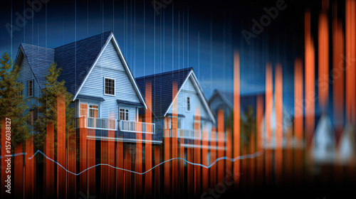 Modern houses with a digital overlay of financial or data graphs, blending real estate and technology concepts.