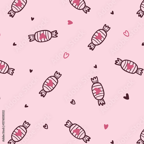 Cute seamless pattern made of hand drawn doodle sweets on light background. Cartoon candy tiling background.
