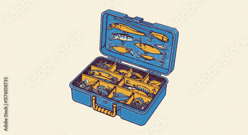 A blue tackle box, open, filled with various fishing lures.