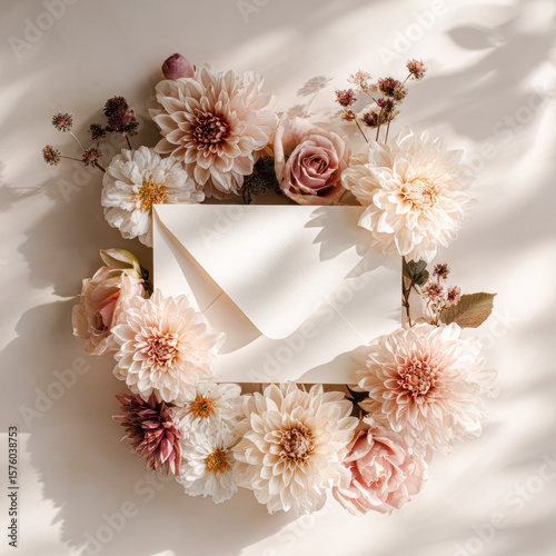 Elegant cream envelope surrounded by soft pink and white flowers on a neutral background with gentle shadows.