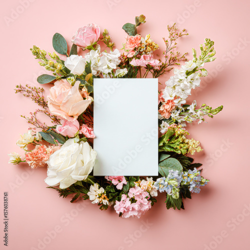 A blank white card is surrounded by an arrangement of various pastel-colored flowers on a soft pink background.