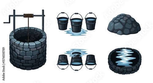 Illustration of a stone water well with a crank and buckets with water and a pile of stones near well
