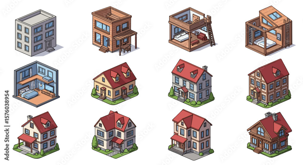 Naklejka premium Isometric view of various building structures showcasing architectural styles and interior designs in detail