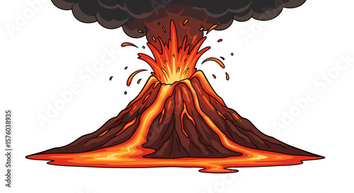 Cartoon illustration of a volcano erupting with lava flowing down its sides and smoke above it