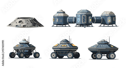 Illustration of a lunar base with connected modules and three lunar rovers with antennas present too