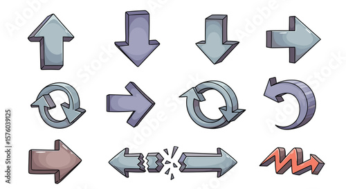Illustration of twelve arrows in different directions and styles with cartoonish design elements