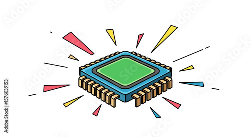 Isometric illustration of a microchip with gold pins and colorful rays emanating from it design concept